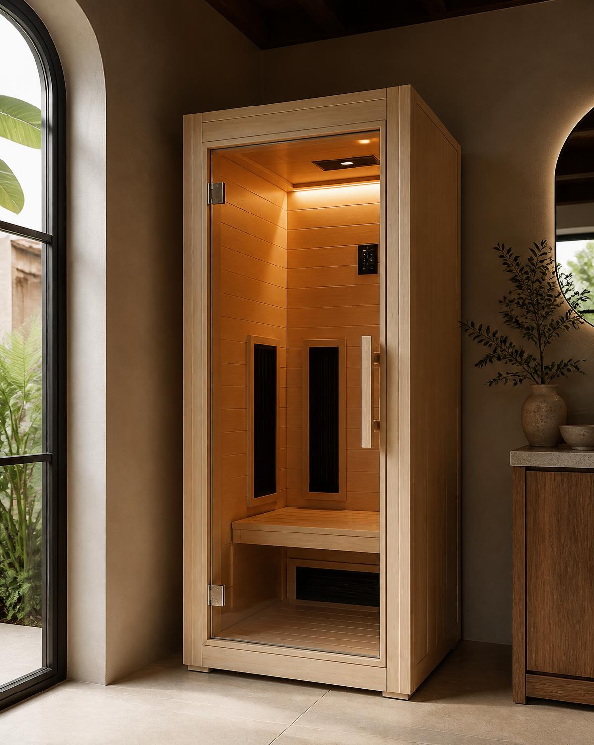 Sauna infrarroja compacta de madera clara para una persona