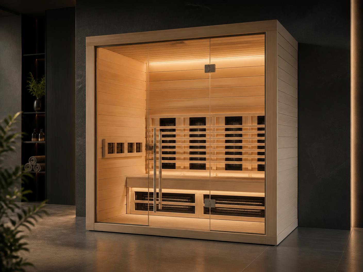 Sauna de infrarrojos para interior con madera natural y frente de vidrio